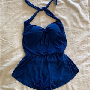 Women’s blue one piece romper swimsuit, medium